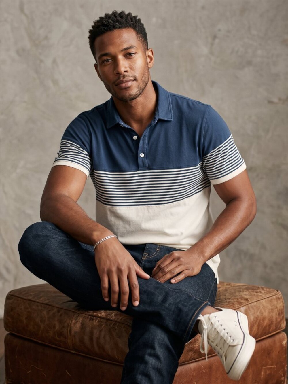 YTD Exclusivestyle Men L Polo Shirt Blue Cotton Colorblock Striped Casual Preppy